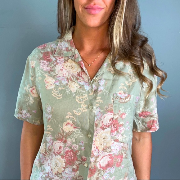 Lauren Ralph Lauren Tops - Lauren Ralph Lauren 100% Linen Floral Button Shirt Short Sleeve